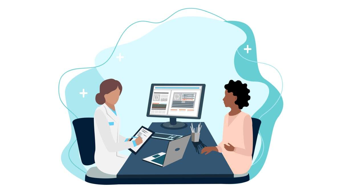 Illustration of doctor looking at software on computer while talking to patient